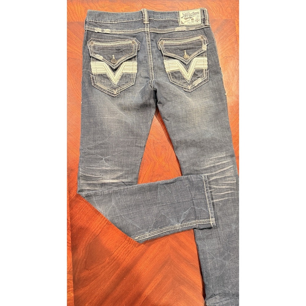 Affliction Mens Jeans Size 33 Blue Straight‎ Heavy Stitch Flap Pockets